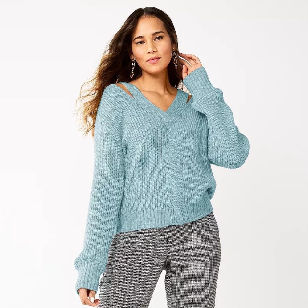 New light blue Nine West Women's Twist Front Cut-out Sweater cold shoulder